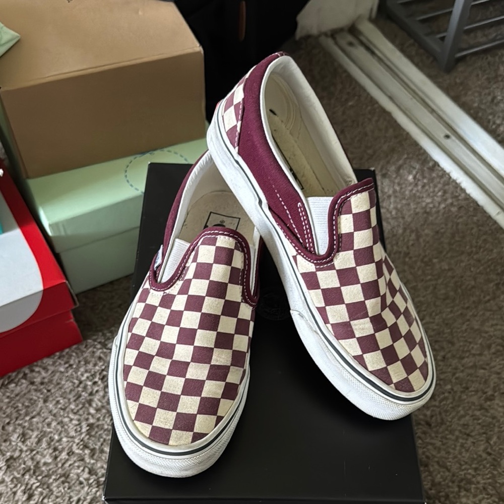 Vans Burgundy and Cream Checkered Slip-On Sneakers